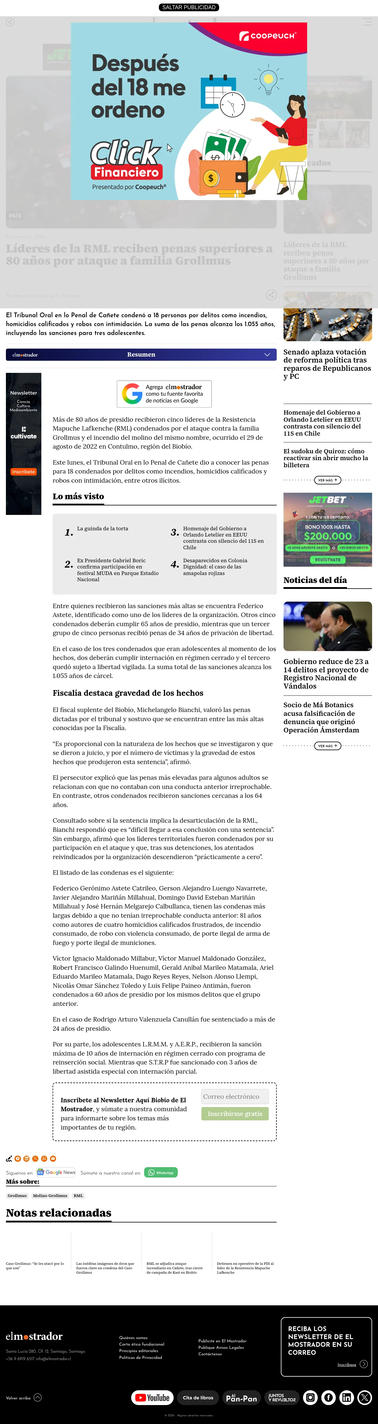 Líderes de la RML reciben penas superiores a 80 años por ataque a familia Grollmus