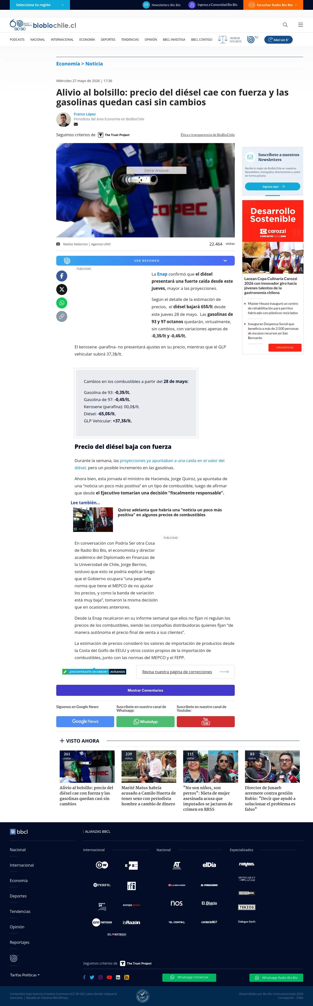 Alivio al bolsillo: precio del diésel cae con fuerza y las gasolinas quedan casi sin cambios