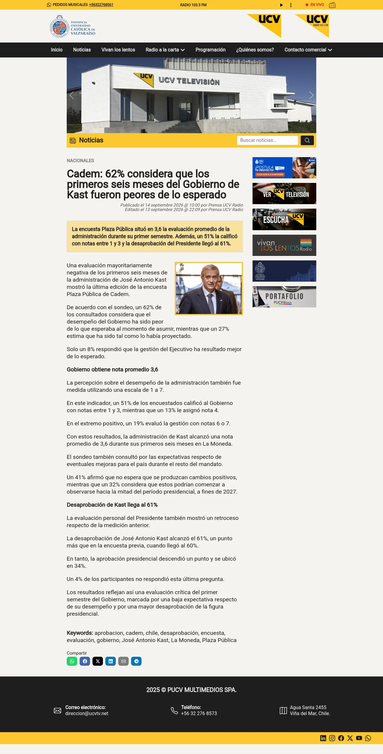 Cadem: 62% considera que los primeros seis meses del Gobierno de Kast fueron peores de lo esperado