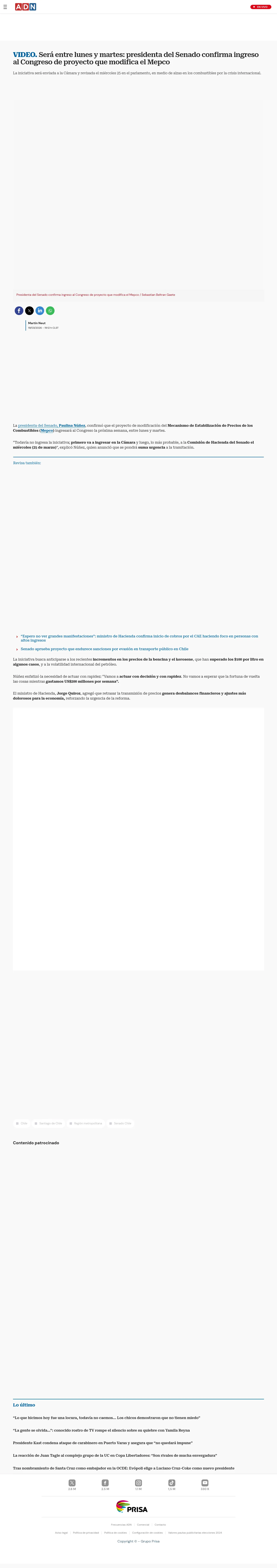 Será entre lunes y martes: presidenta del Senado confirma ingreso al Congreso de proyecto que modifica el Mepco