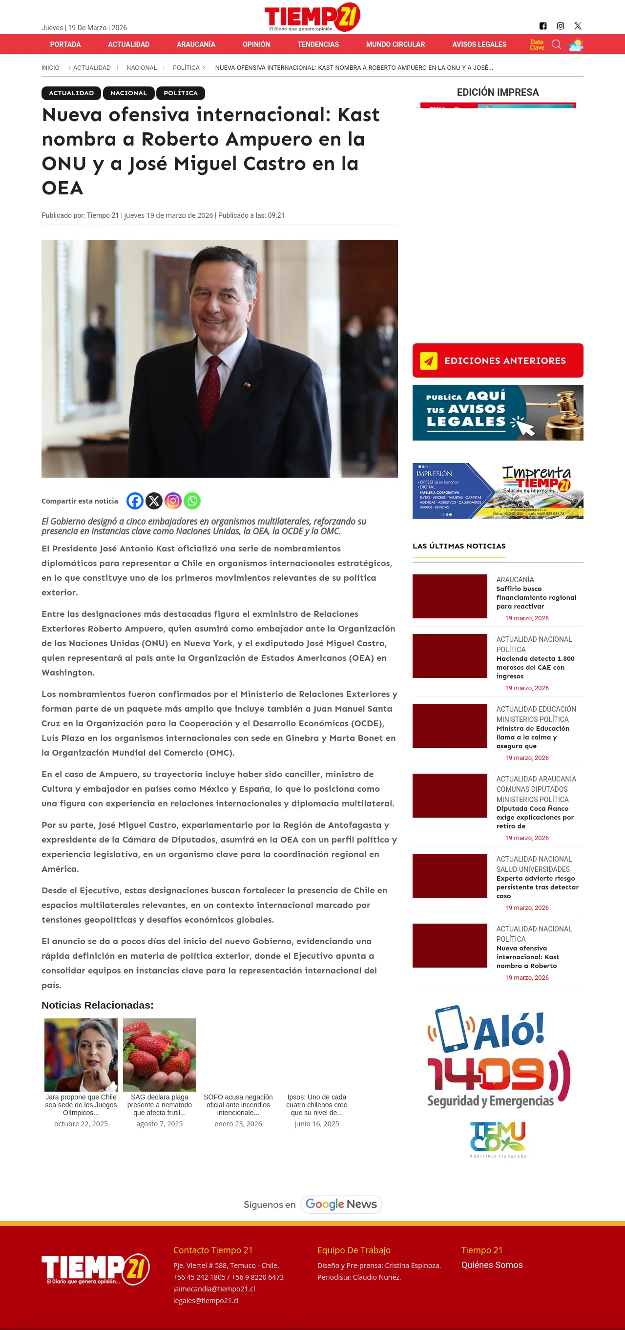 Nueva ofensiva internacional: Kast nombra a Roberto Ampuero en la ONU y a José Miguel Castro en la OEA