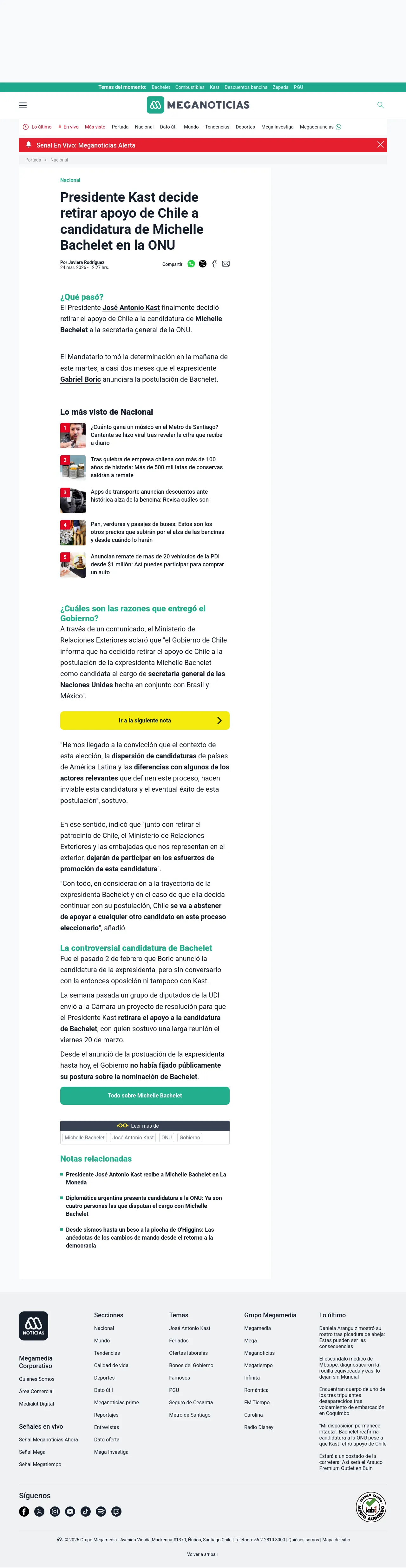 Presidente Kast decide retirar apoyo de Chile a candidatura de Michelle Bachelet en la ONU