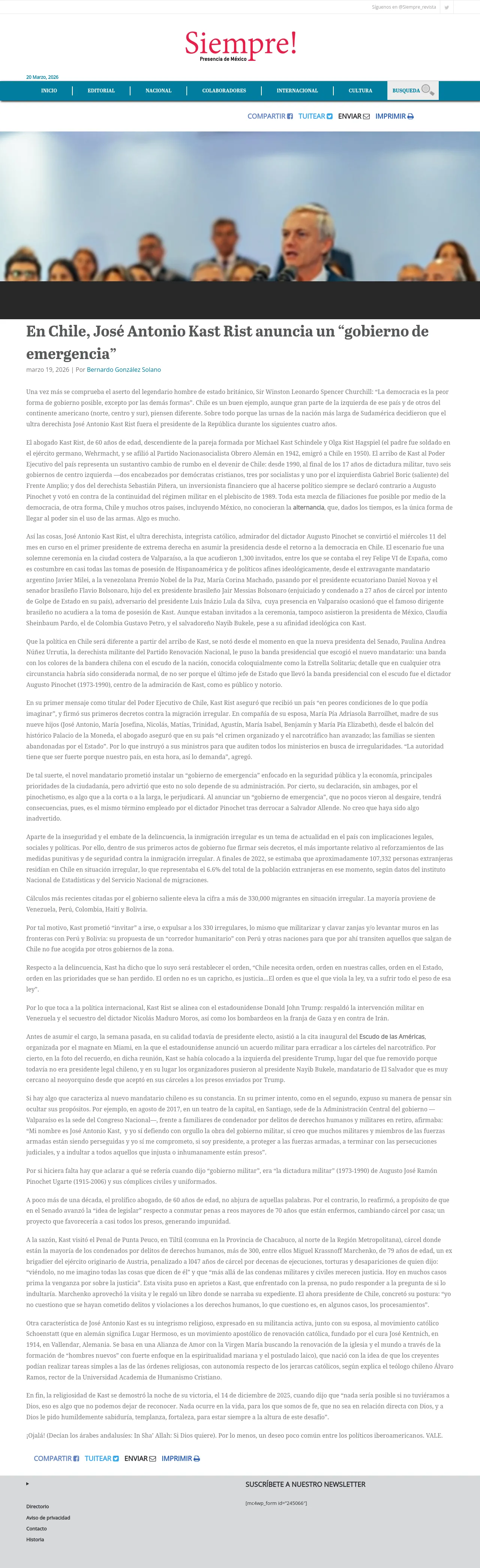 En Chile, José Antonio Kast Rist anuncia un “gobierno de emergencia”