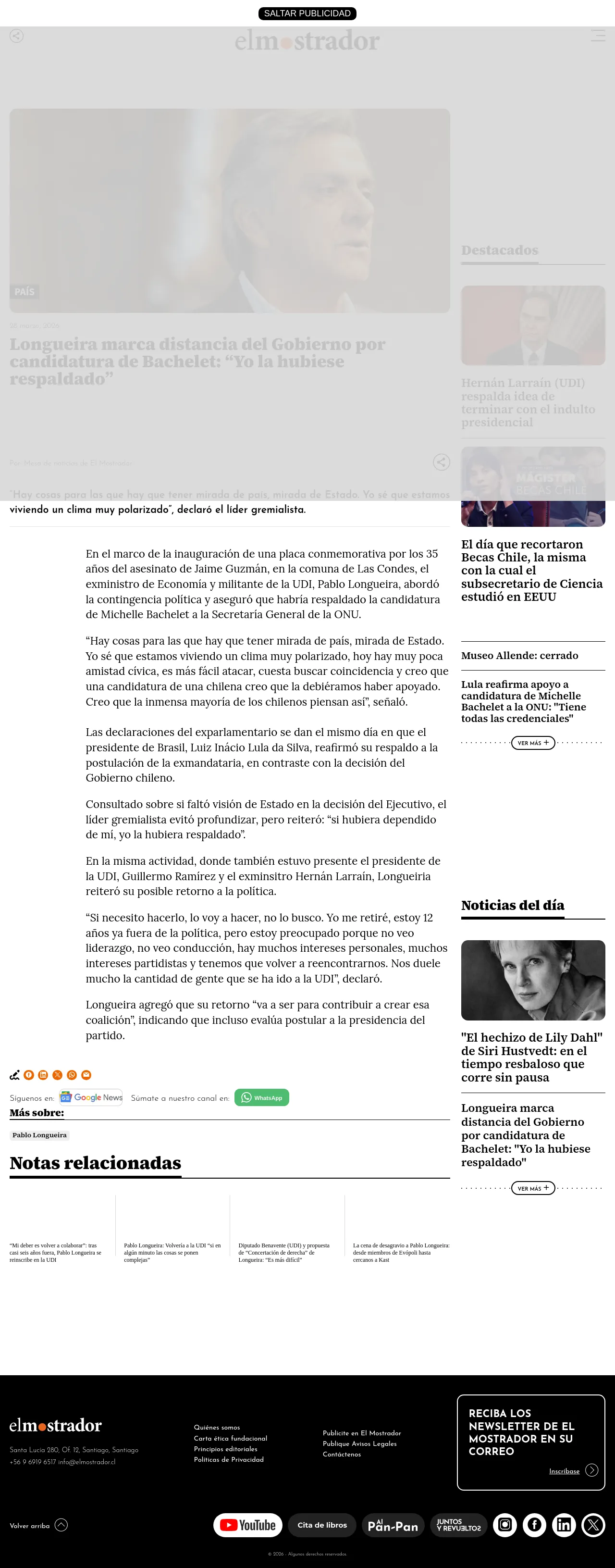 Longueira marca distancia del Gobierno por candidatura de Bachelet: “Yo la hubiese respaldado”