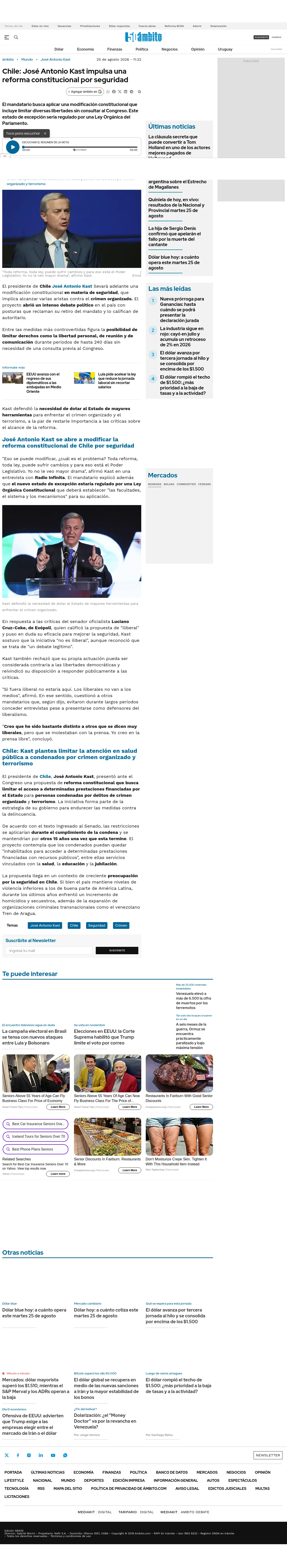 Chile: José Antonio Kast impulsa una reforma constitucional por seguridad