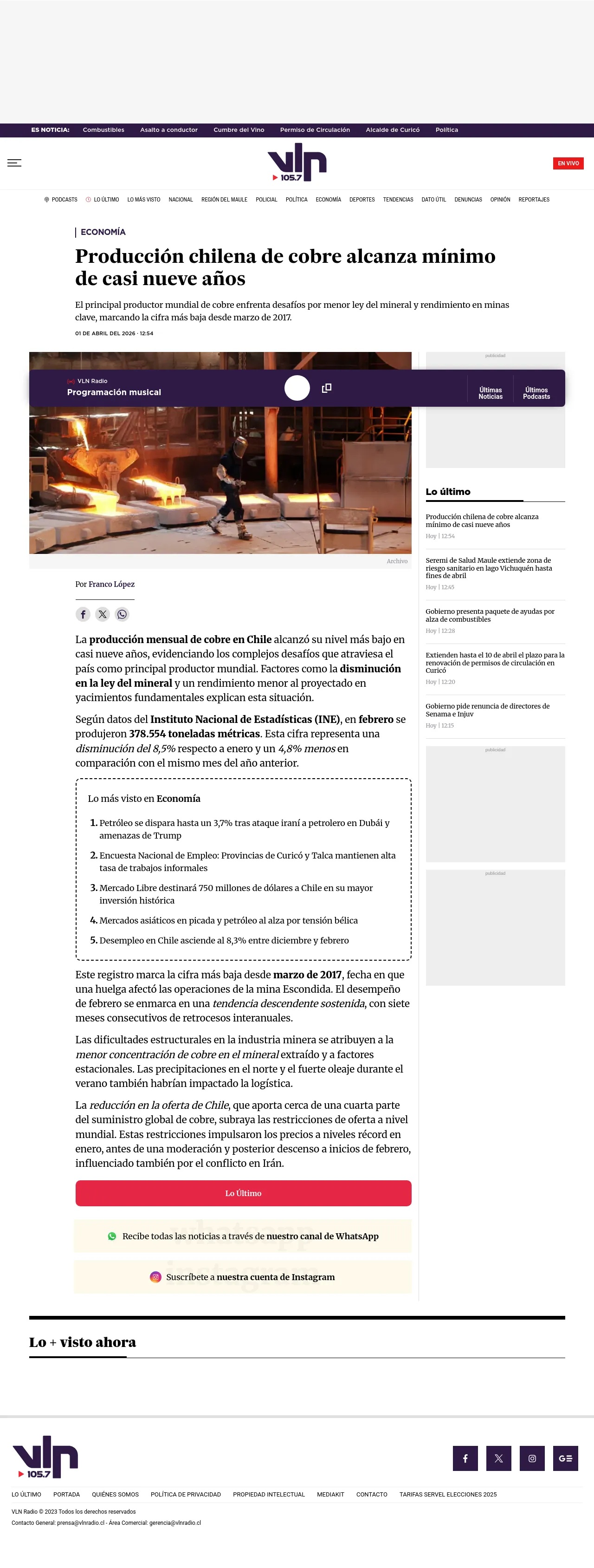 Producción chilena de cobre alcanza mínimo de casi nueve años