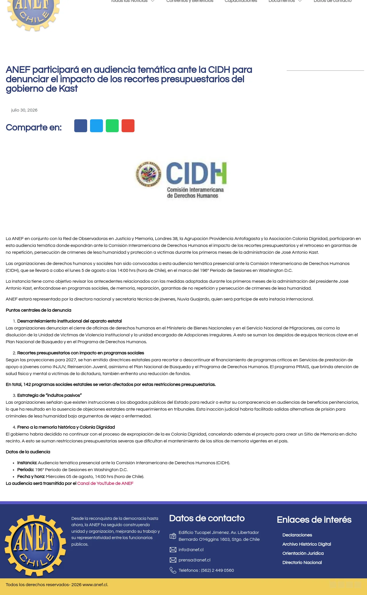 ANEF participará en audiencia temática ante la CIDH para denunciar el impacto de los recortes presupuestarios del gobierno de Kast – ANEF CHILE