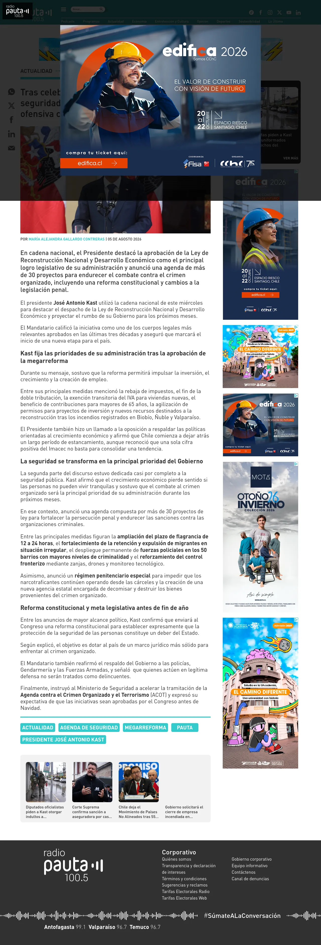 Tras celebrar la megarreforma, Kast pone la seguridad en el centro de su agenda y anuncia ofensiva contra el crimen organizado