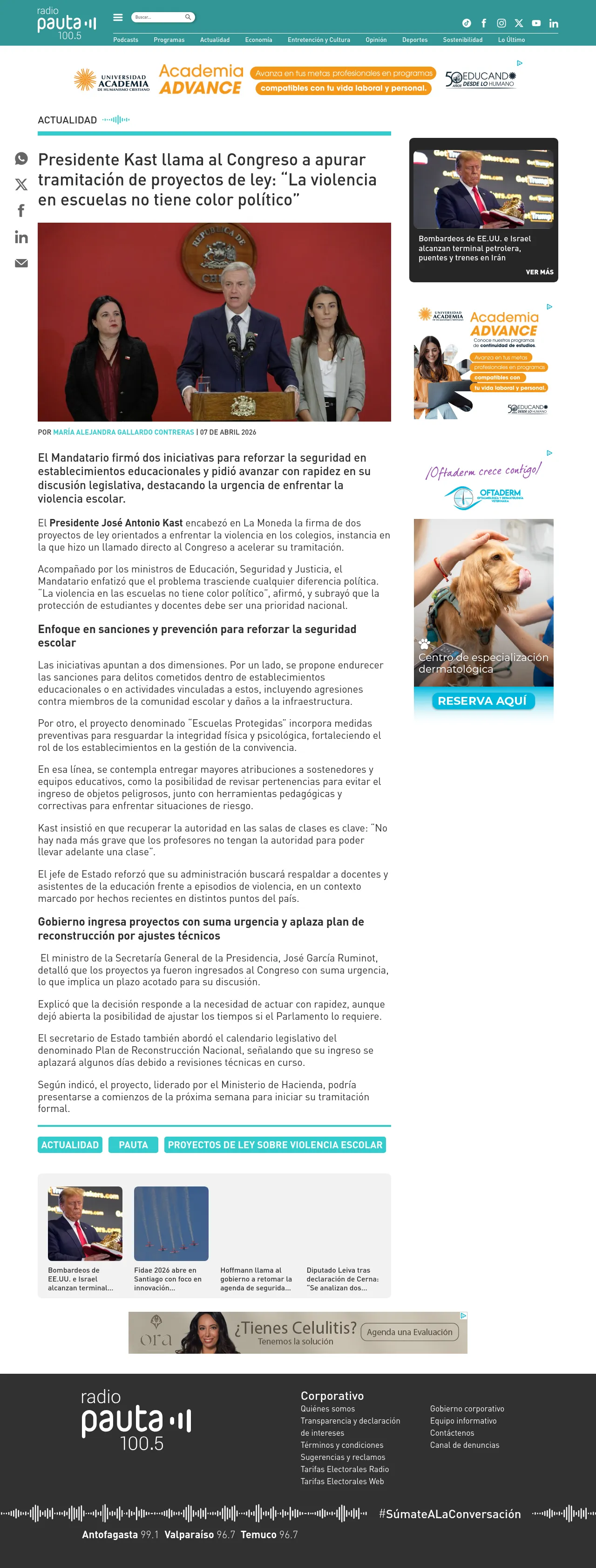 Presidente Kast llama al Congreso a apurar tramitación de proyectos de ley: “La violencia en escuelas no tiene color político”