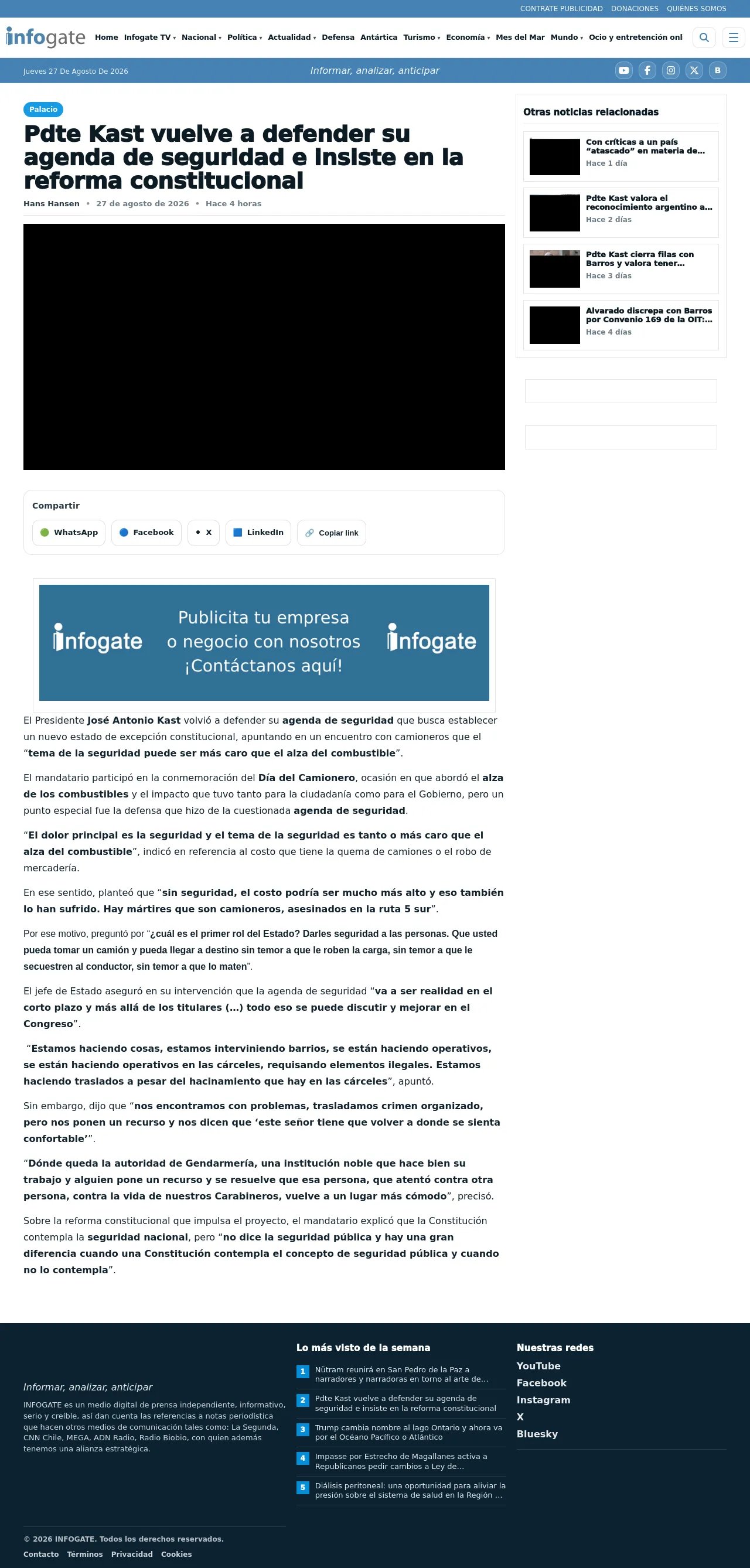 Pdte Kast vuelve a defender su agenda de seguridad e insiste en la reforma constitucional