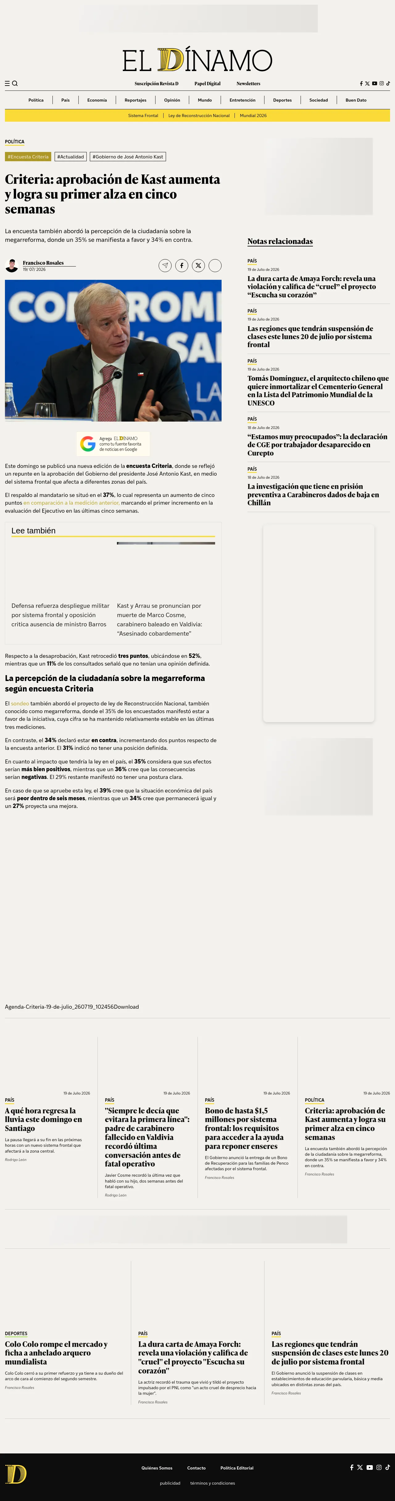 Criteria: aprobación de Kast aumenta y logra su primer alza en cinco semanas