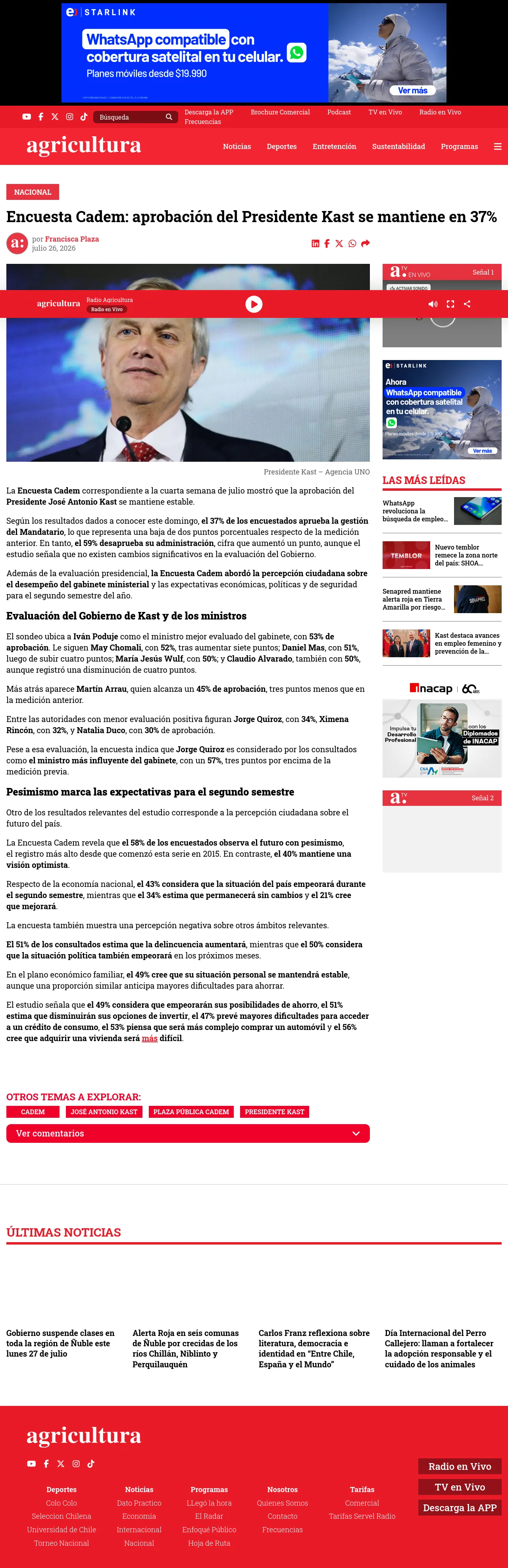 Encuesta Cadem: aprobación del Presidente Kast se mantiene en 37%
