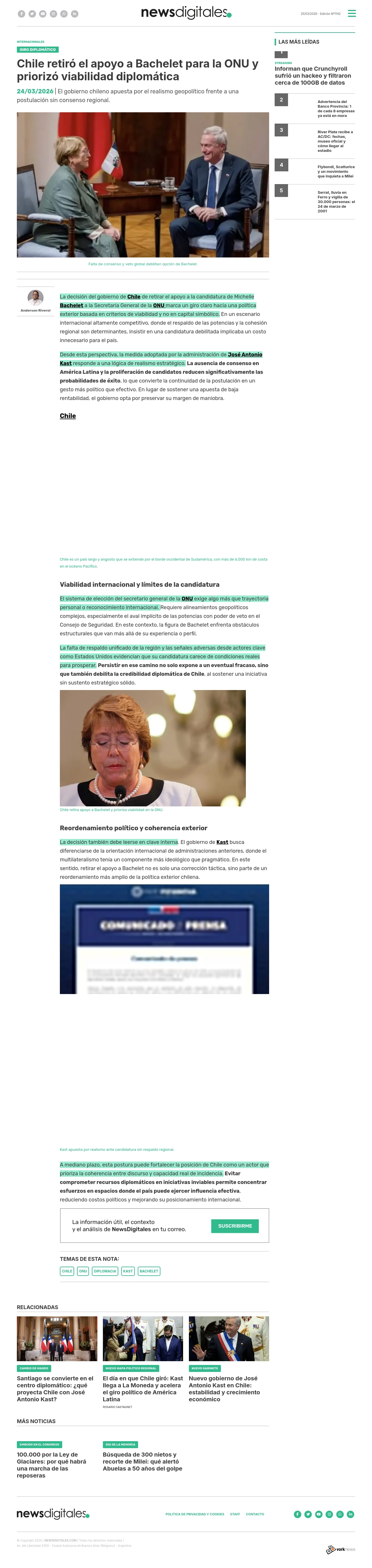 Chile retiró el apoyo a Bachelet para la ONU y priorizó viabilidad diplomática
