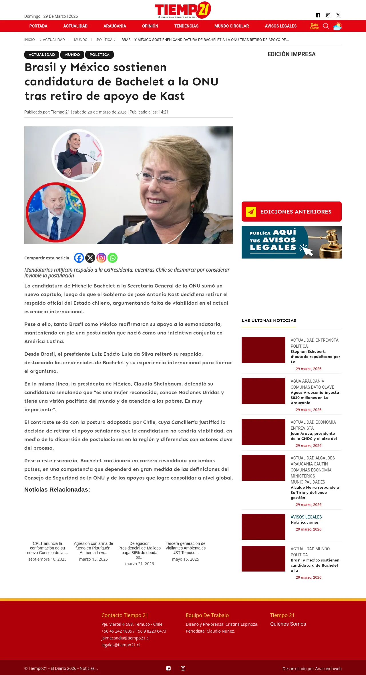 Brasil y México sostienen candidatura de Bachelet a la ONU tras retiro de apoyo de Kast