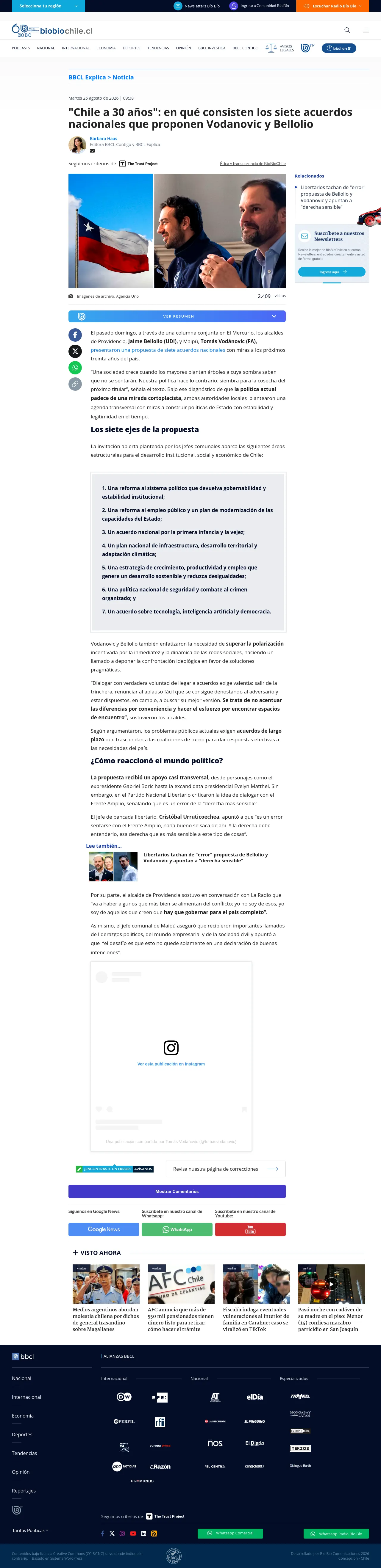 "Chile a 30 años": en qué consisten los siete acuerdos nacionales que proponen Vodanovic y Bellolio