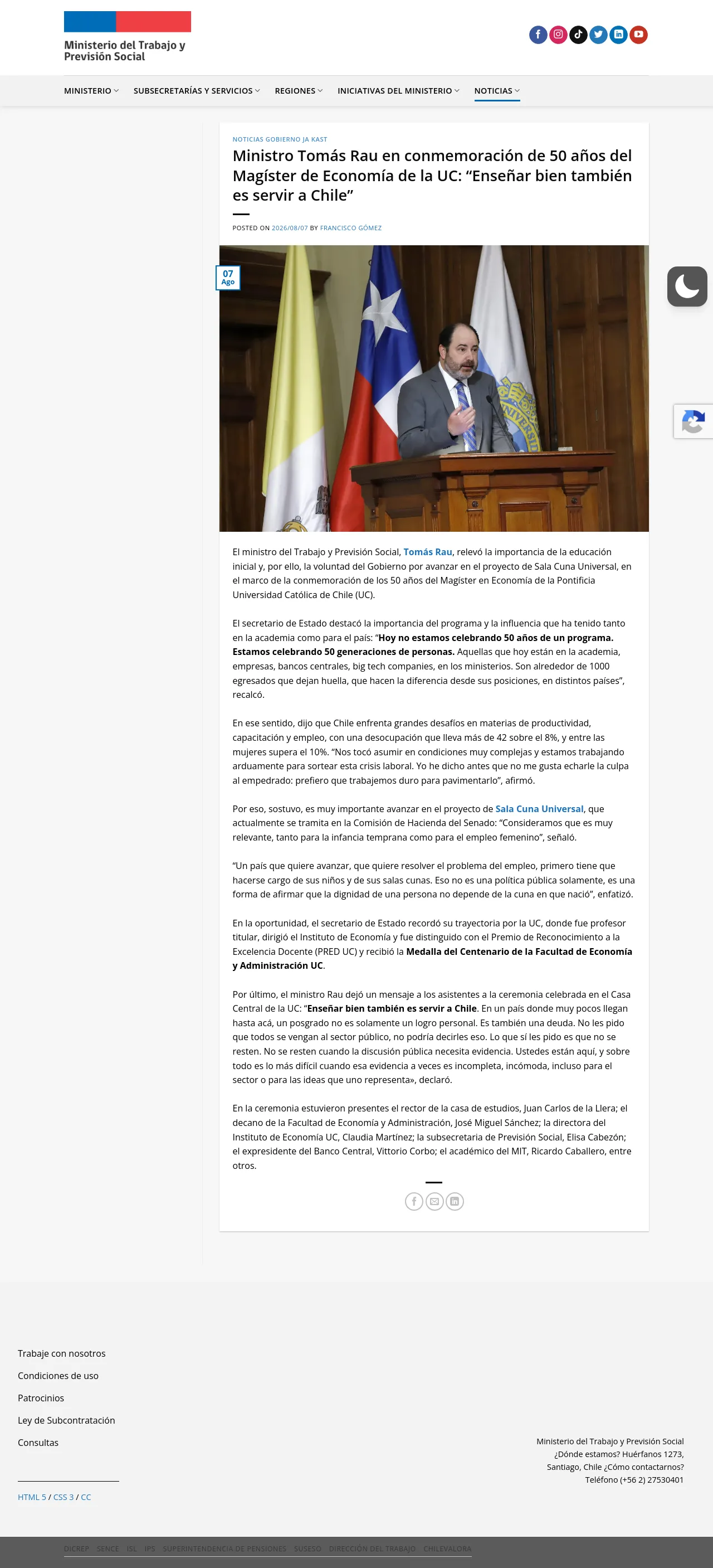 Ministro Tomás Rau en conmemoración de 50 años del Magíster de Economía de la UC: “Enseñar bien también es servir a Chile”