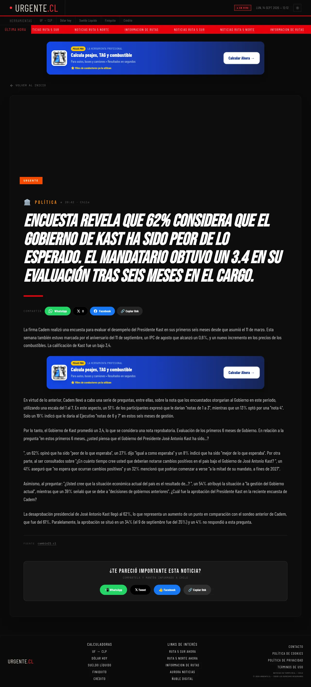 Encuesta revela que 62% considera que el gobierno de Kast ha sido peor de lo esperado. El mandatario obtuvo un 3.4 en su evaluación tras seis meses en el cargo.