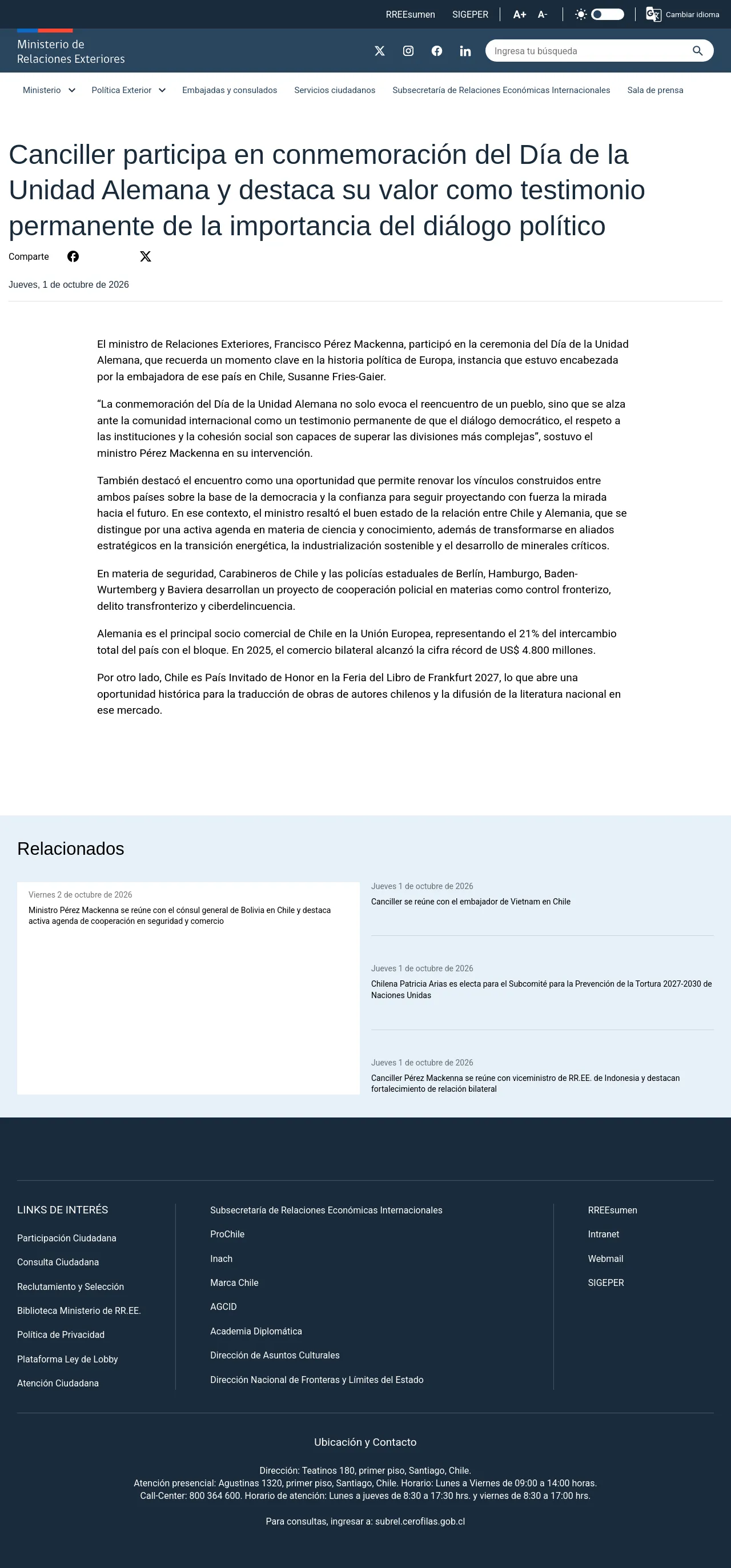 Canciller participa en conmemoración del Día de la Unidad Alemana y destaca su valor como testimonio permanente de la importancia del diálogo político
