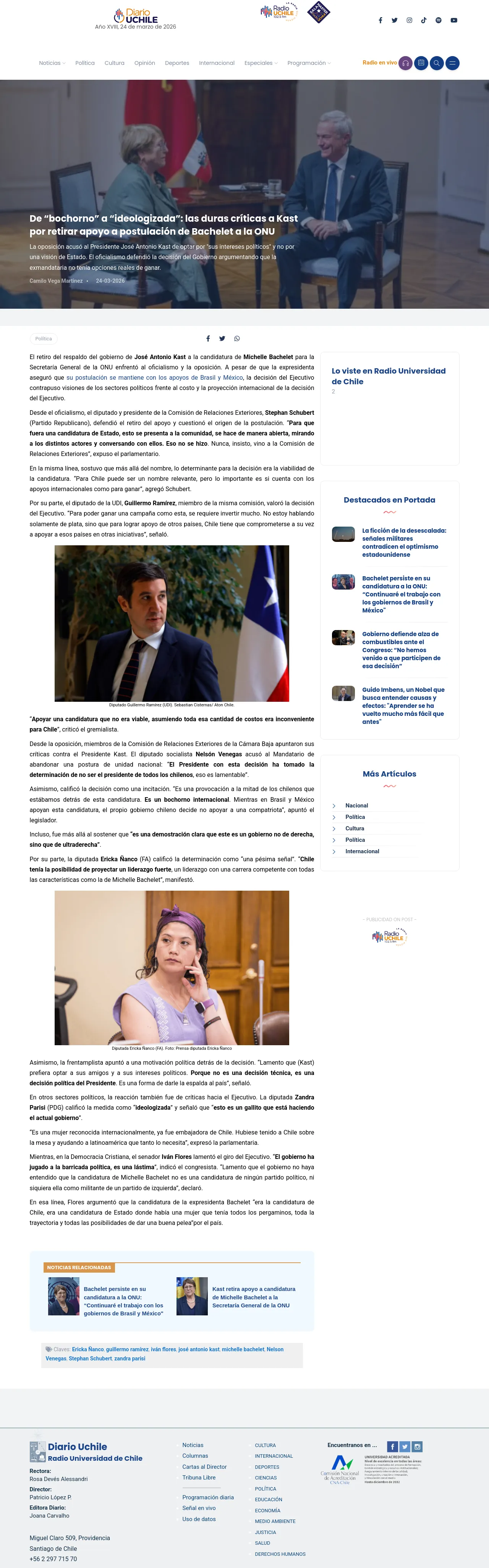 De “bochorno” a “ideologizada”: las duras críticas a Kast por retirar apoyo a postulación de Bachelet a la ONU