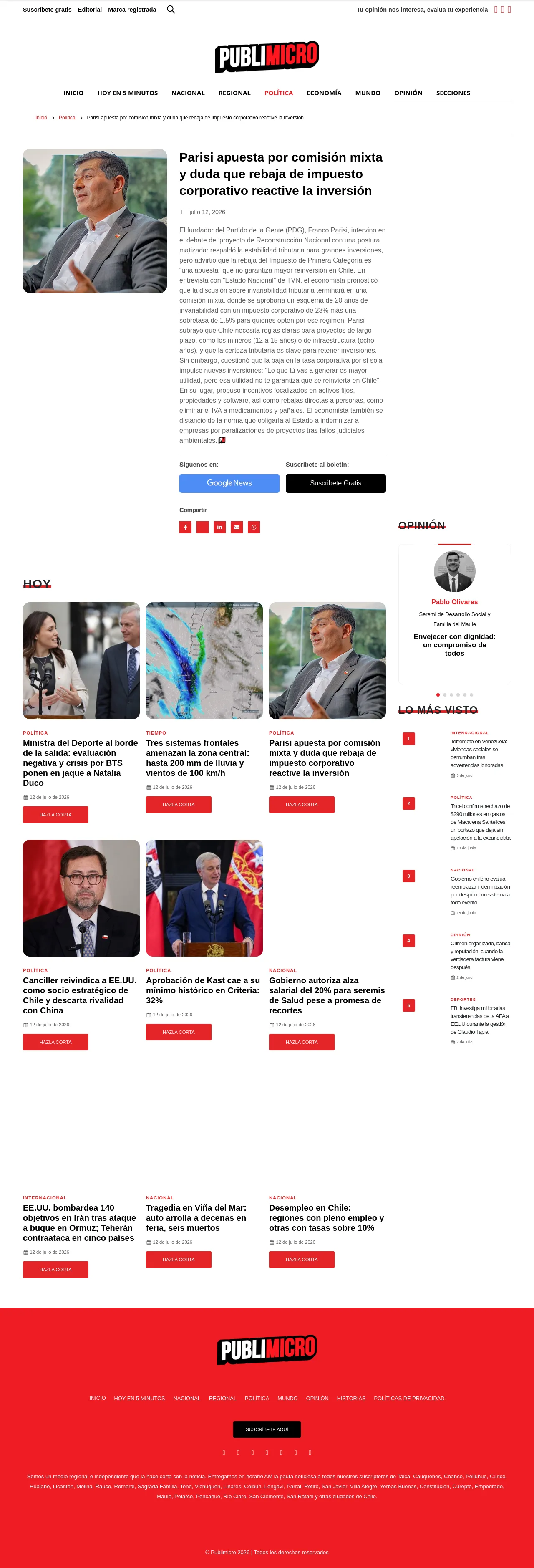 Parisi apuesta por comisión mixta y duda que rebaja de impuesto corporativo reactive la inversión