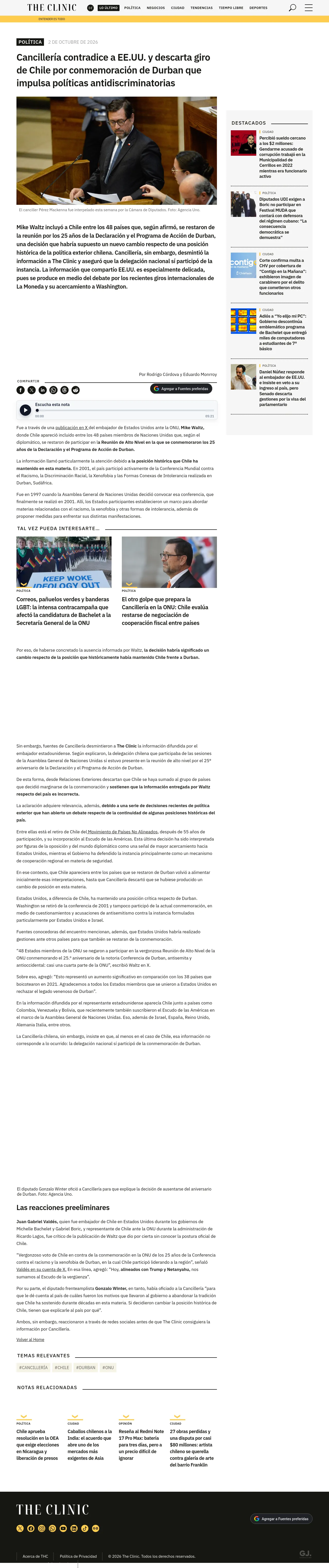 Cancillería contradice a EE.UU. y descarta giro de Chile por conmemoración de Durban que impulsa políticas antidiscriminatorias