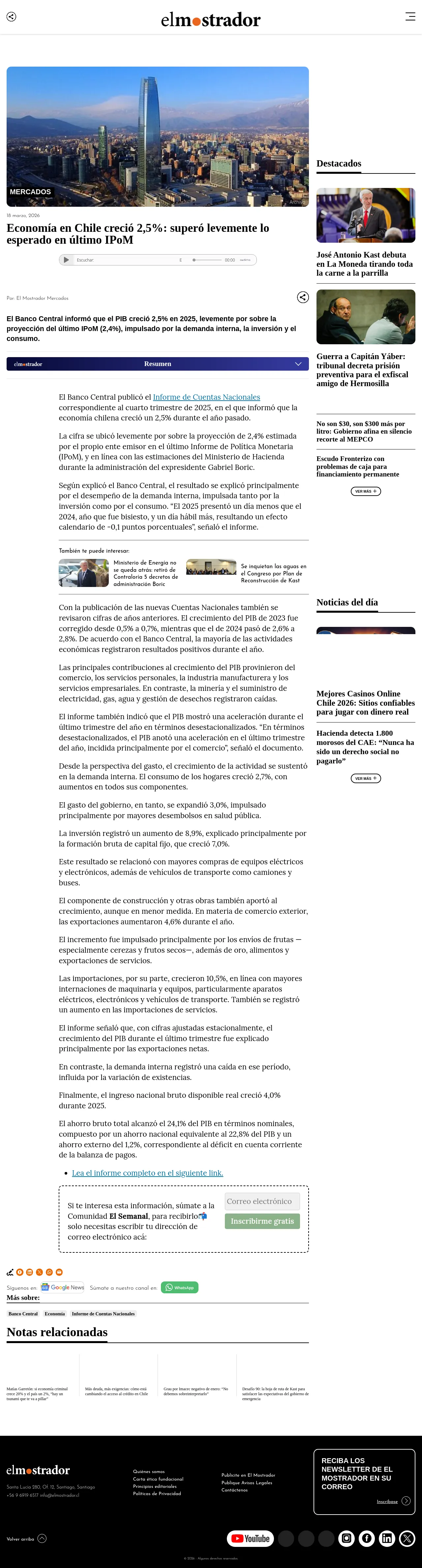Economía en Chile creció 2,5%: superó levemente lo esperado en último IPoM