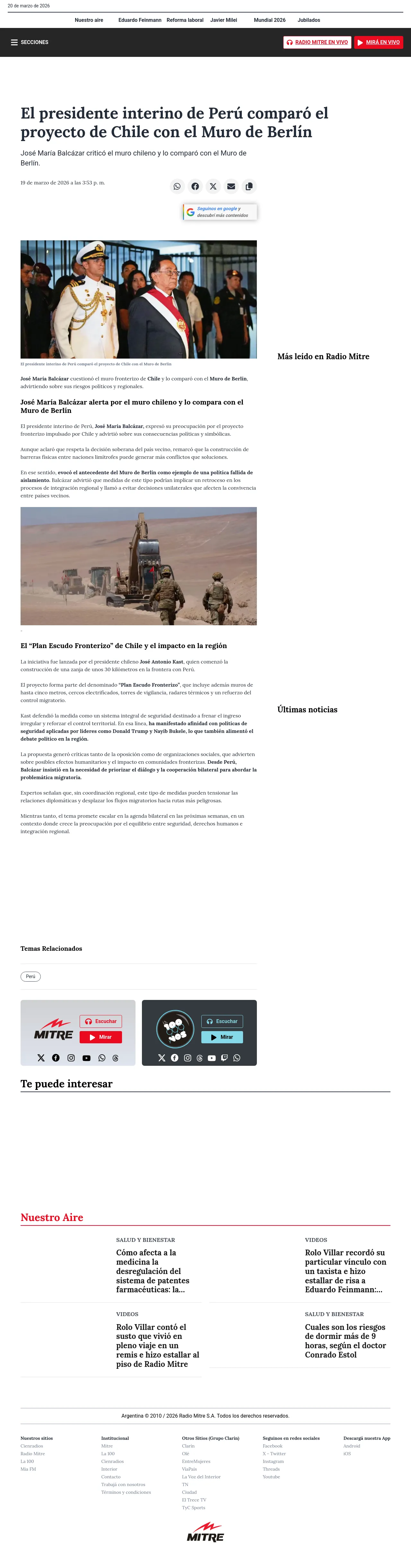 El presidente interino de Perú comparó el proyecto de Chile con el Muro de Berlín