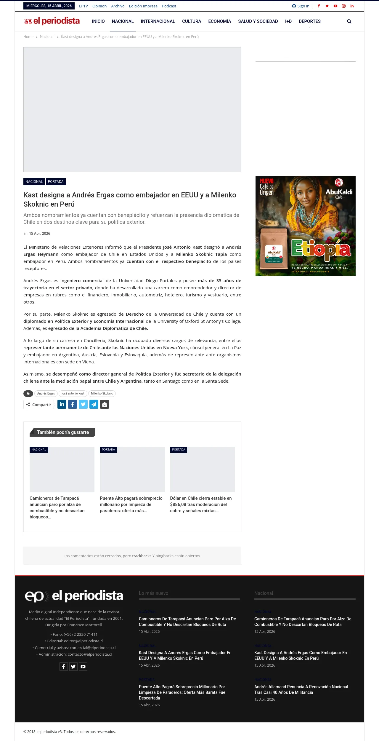 Kast designa a Andrés Ergas como embajador en EEUU y a Milenko Skoknic en Perú