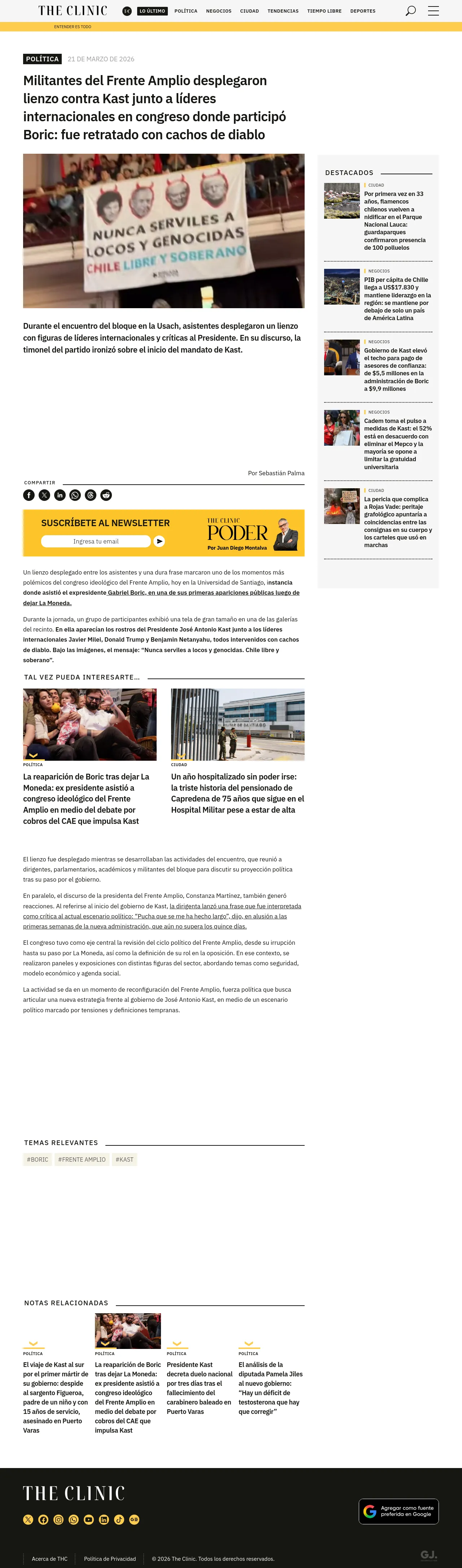 Militantes del Frente Amplio desplegaron lienzo contra Kast junto a líderes internacionales en congreso donde participó Boric: fue retratado con cachos de diablo