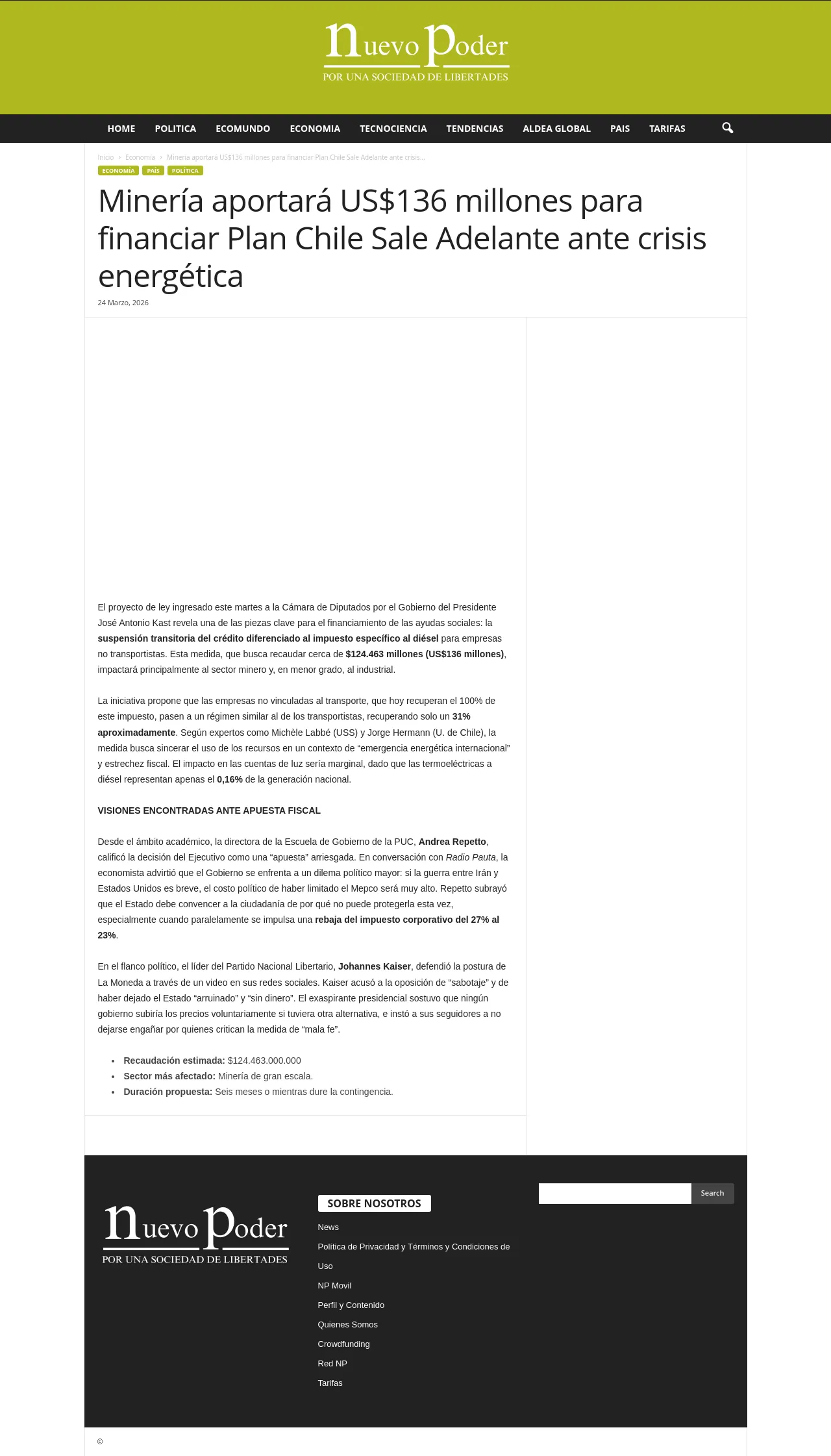 Minería aportará US$136 millones para financiar Plan Chile Sale Adelante ante crisis energética