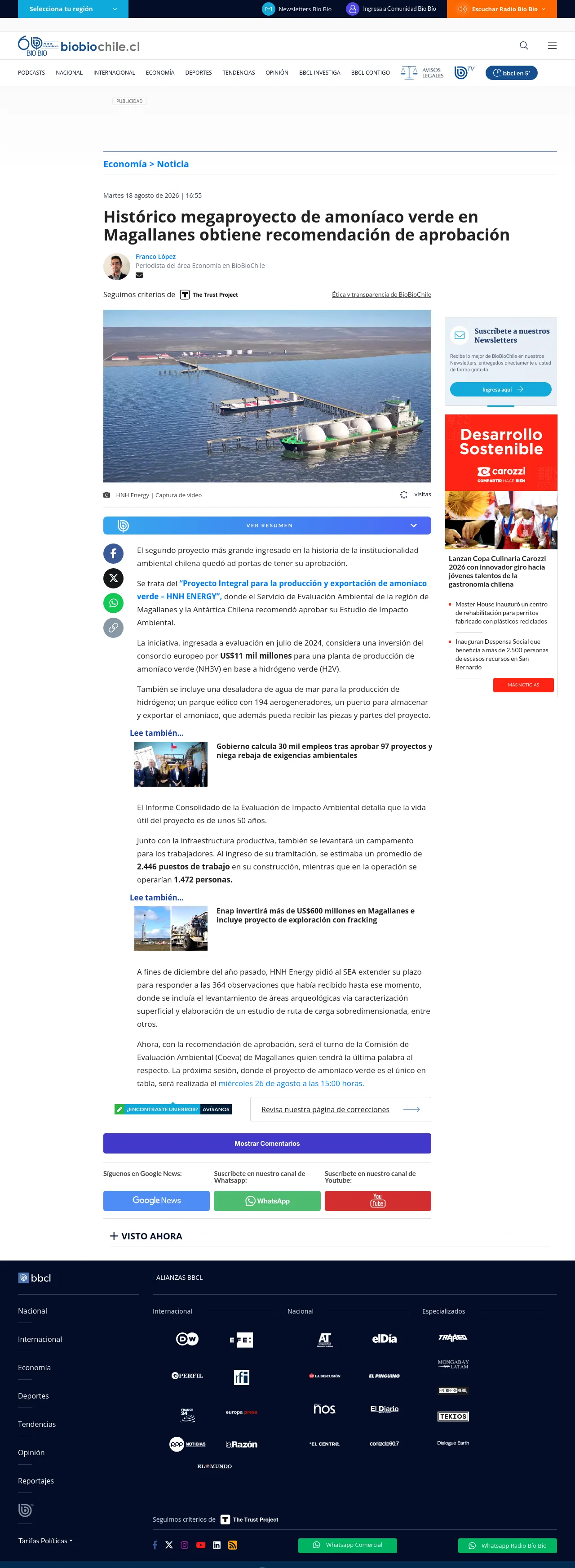 Histórico megaproyecto de amoníaco verde en Magallanes obtiene recomendación de aprobación