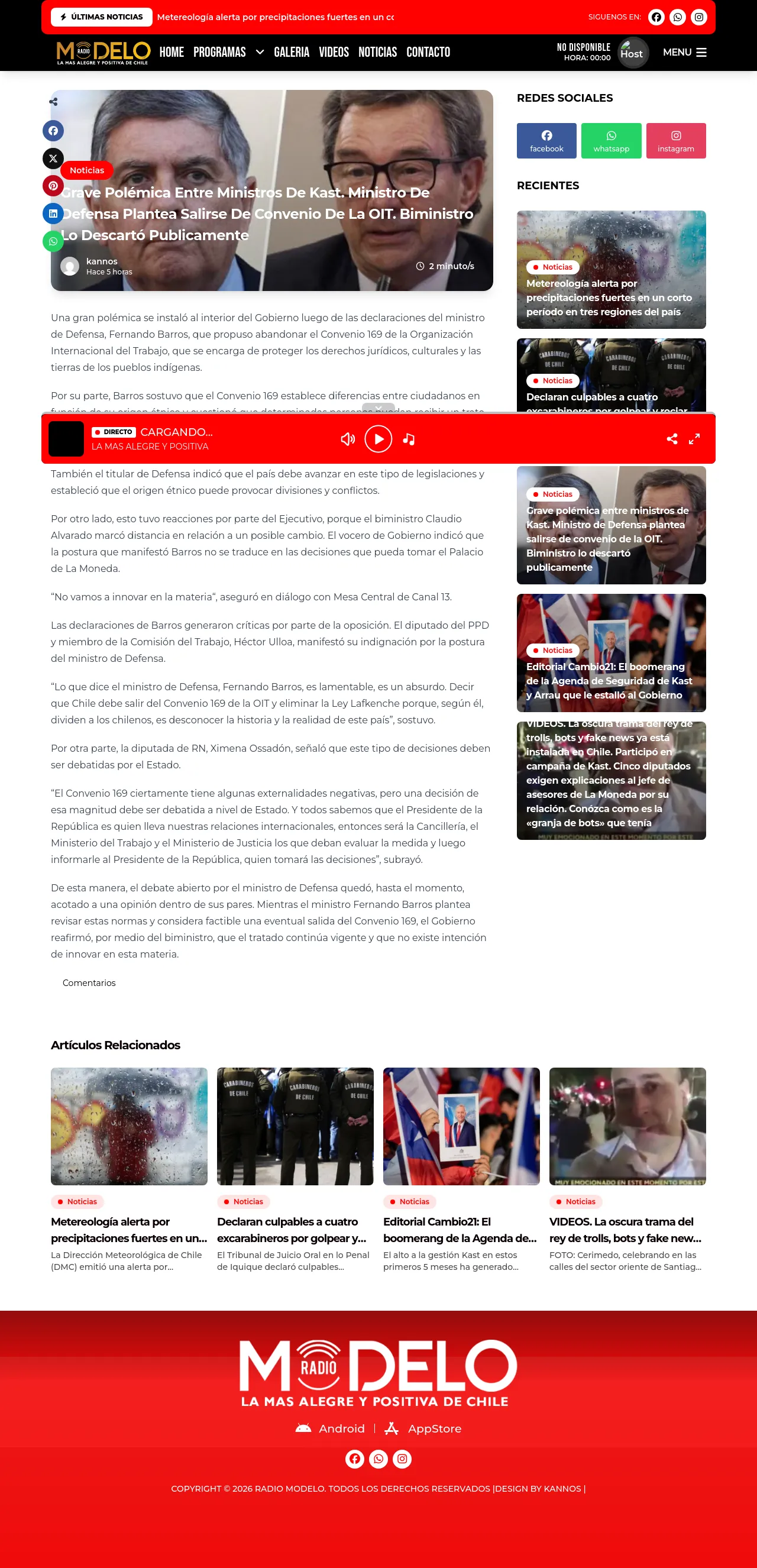 Grave polémica entre ministros de Kast. Ministro de Defensa plantea salirse de convenio de la OIT. Biministro lo descartó publicamente