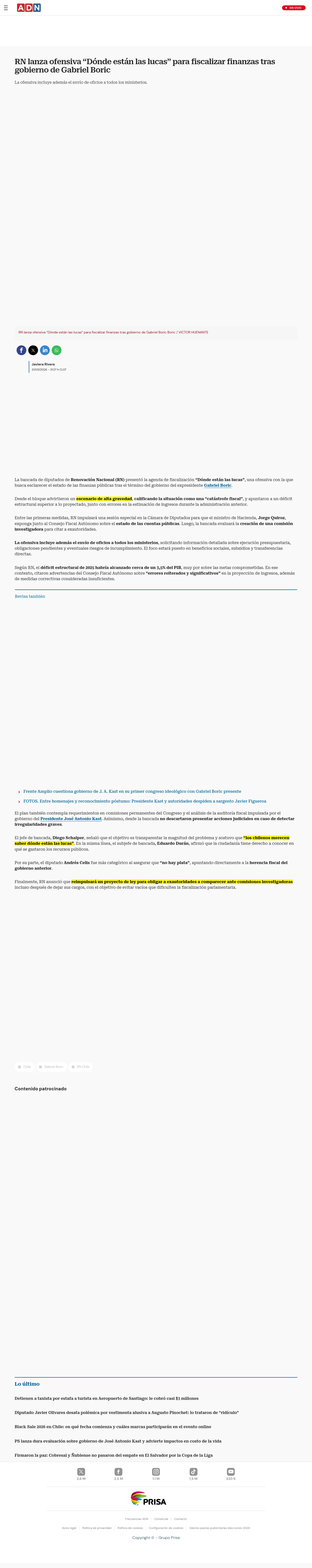 RN lanza ofensiva “Dónde están las lucas” para fiscalizar finanzas tras gobierno de Gabriel Boric