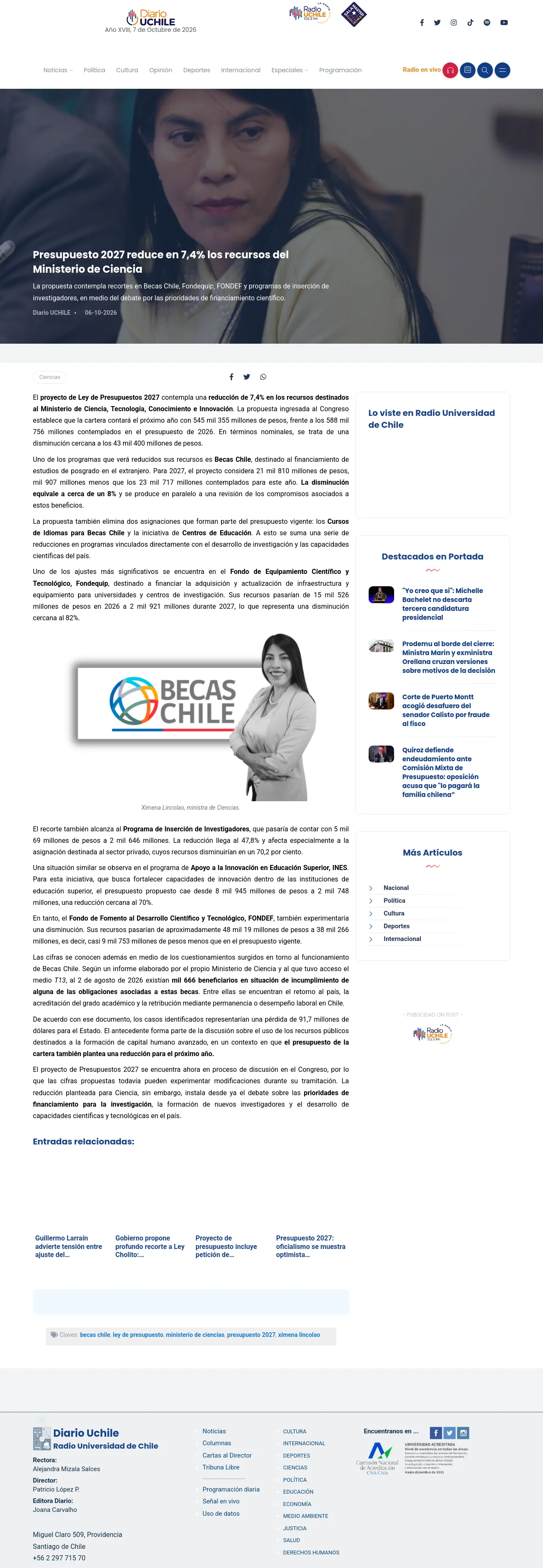 [![Diario y Radio Universidad Chile](https://radio.uchile.cl/wp-content/themes/duch-2026/assets/i/diario24_h.png) Año XVIII, 7 de Octubre de 2026<br>](https://radio.uchile.cl)