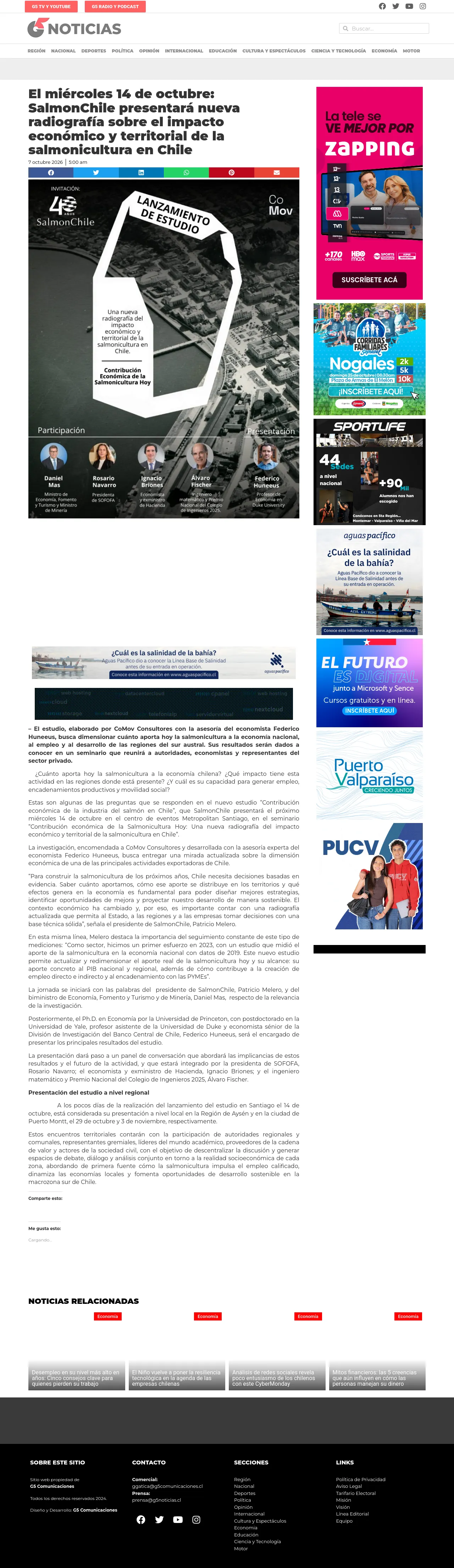 El miércoles 14 de octubre: SalmonChile presentará nueva radiografía sobre el impacto económico y territorial de la salmonicultura en Chile