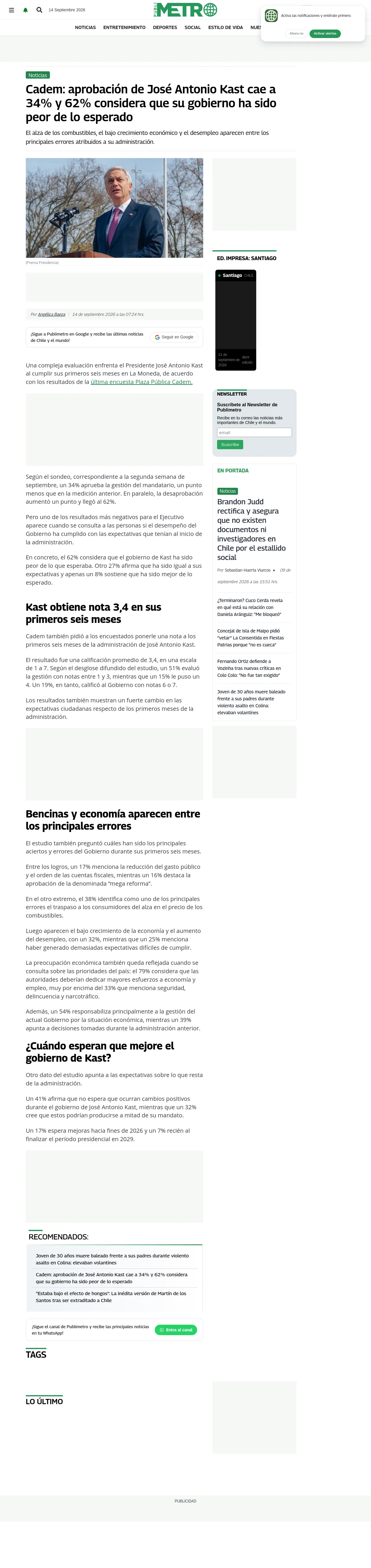 Cadem: aprobación de José Antonio Kast cae a 34% y 62% considera que su gobierno ha sido peor de lo esperado