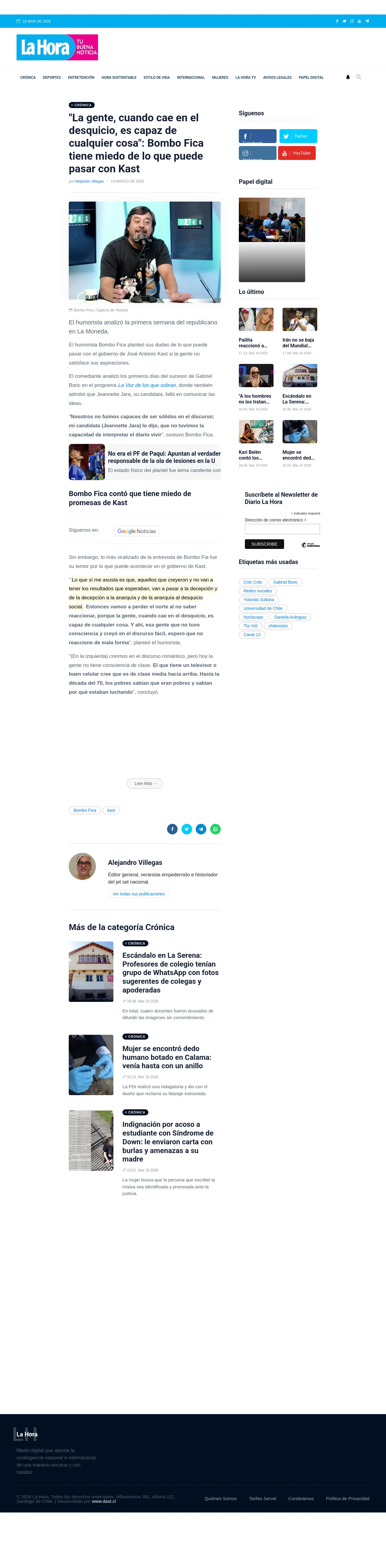 "La gente, cuando cae en el desquicio, es capaz de cualquier cosa": Bombo Fica tiene miedo de lo que puede pasar con Kast