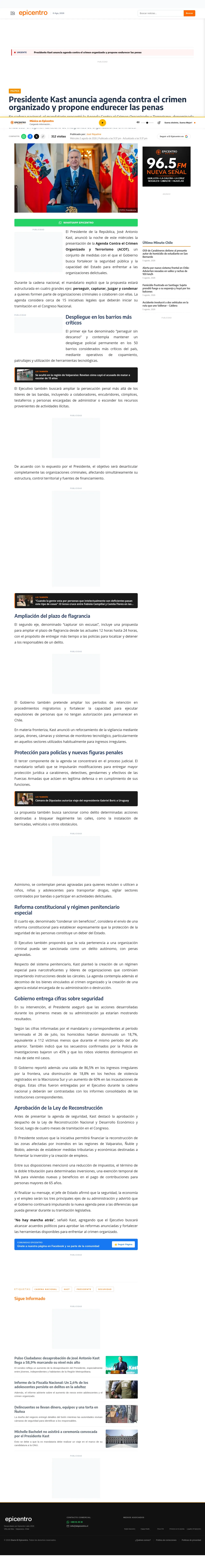 Presidente Kast anuncia agenda contra el crimen organizado y propone endurecer las penas