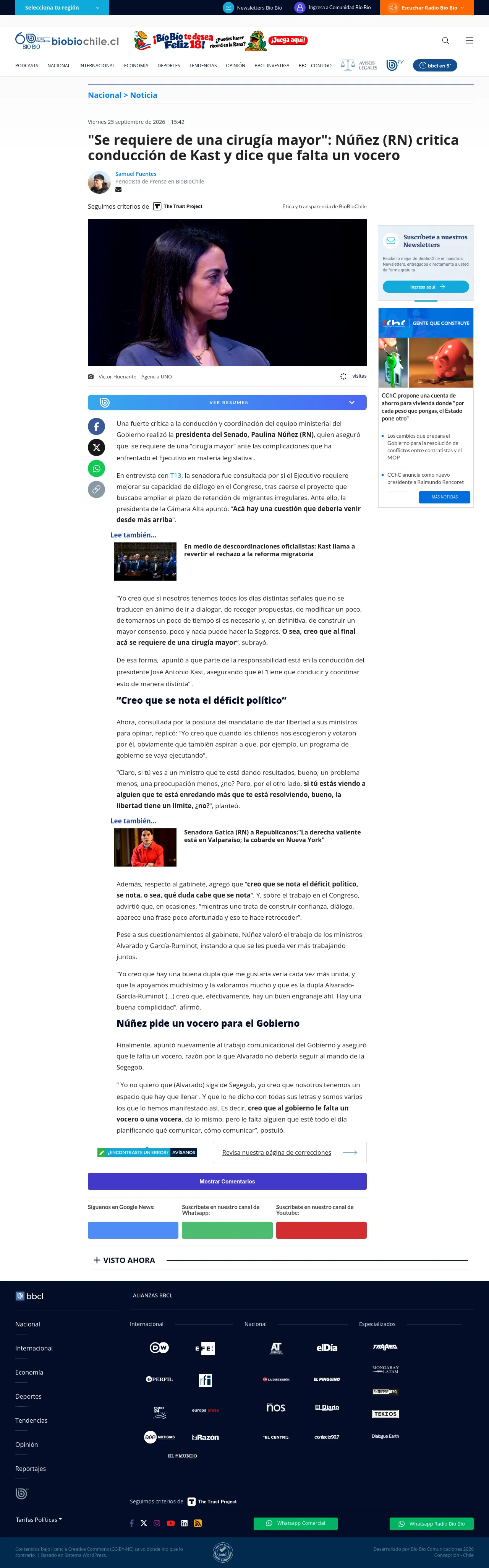 "Se requiere de una cirugía mayor": Núñez (RN) critica conducción de Kast y dice que falta un vocero