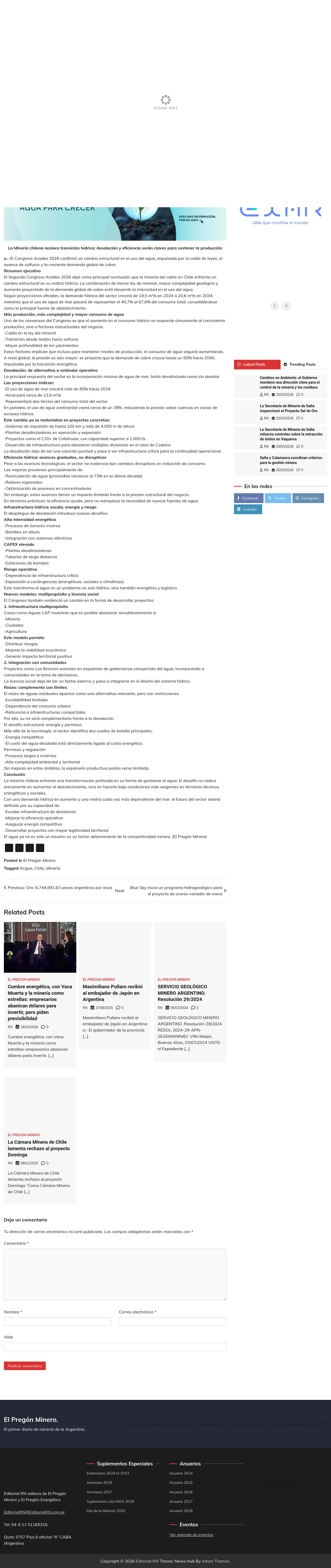 La Minería chilena acelera transición hídrica: desalación y eficiencia serán claves para sostener la producción – Editorial RN