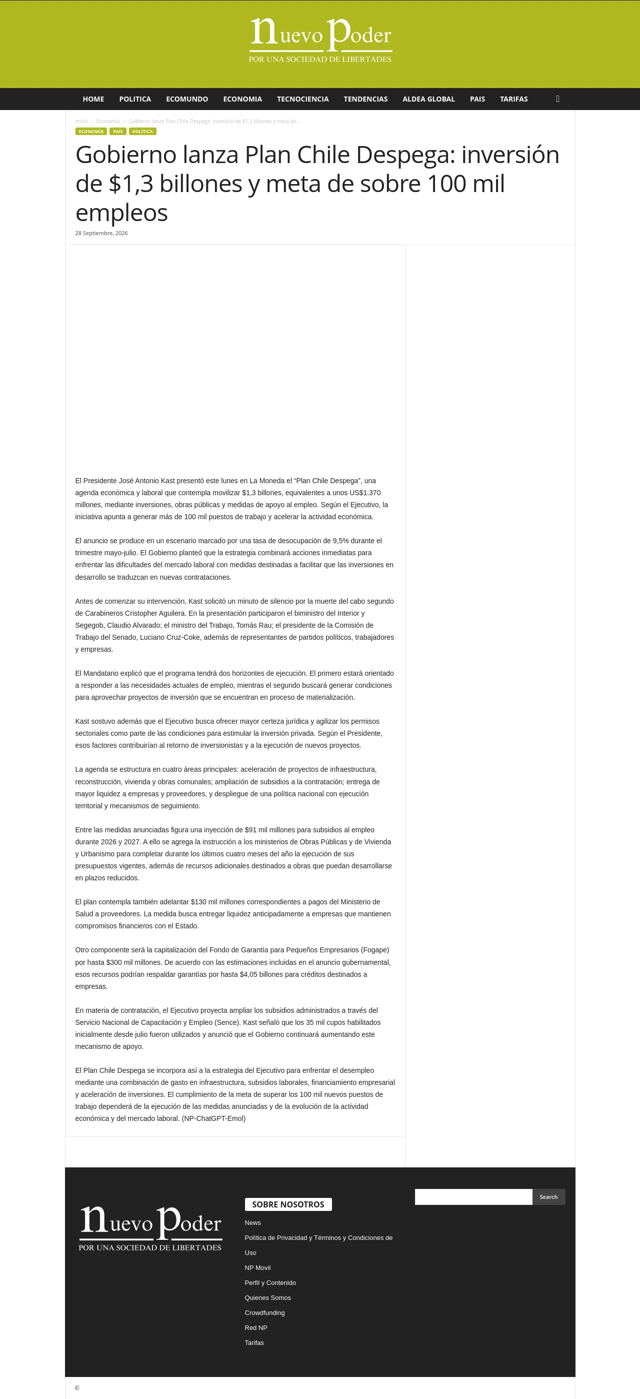 Gobierno lanza Plan Chile Despega: inversión de $1,3 billones y meta de sobre 100 mil empleos