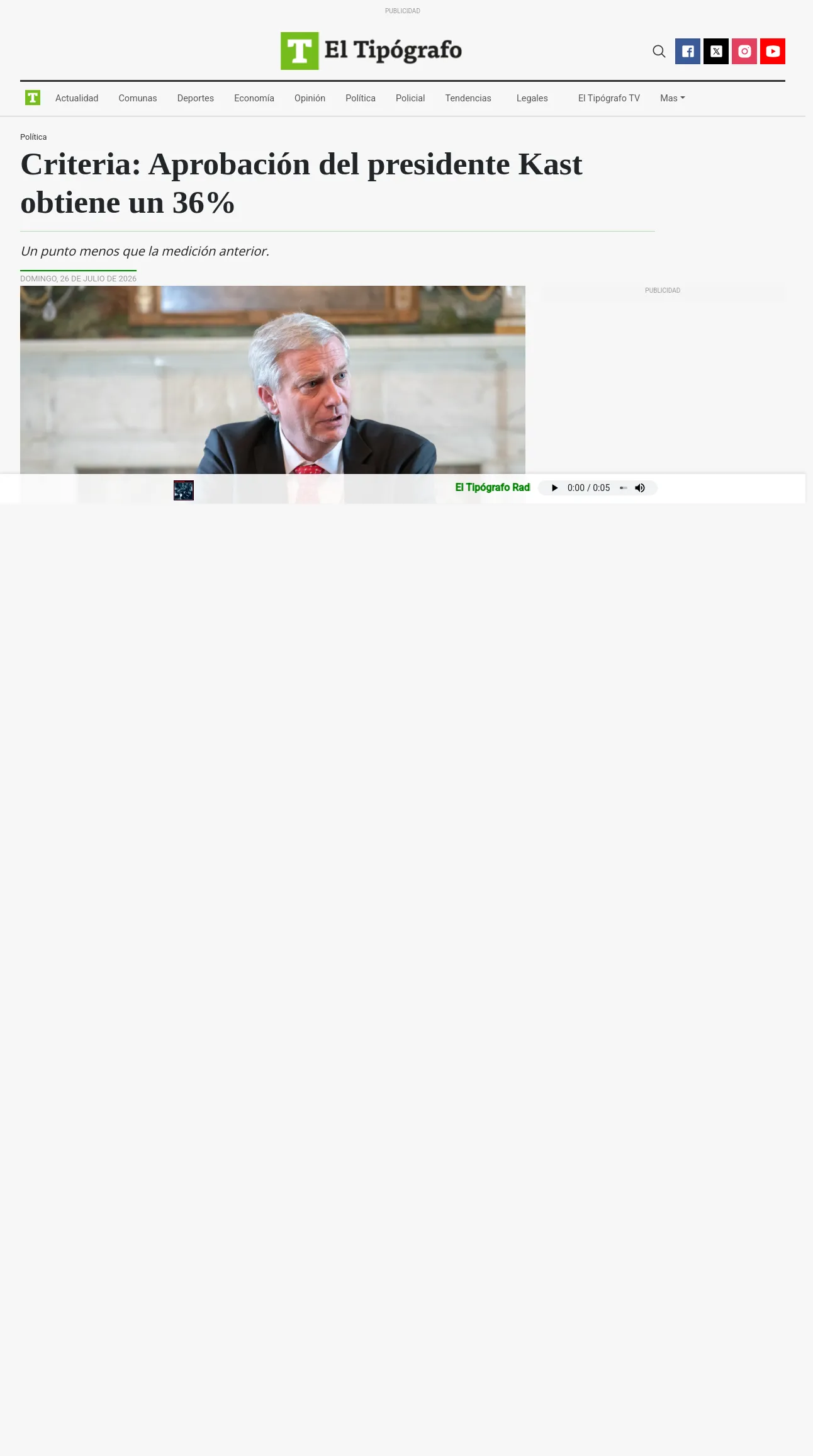 Criteria: Aprobación del presidente Kast obtiene un 36%