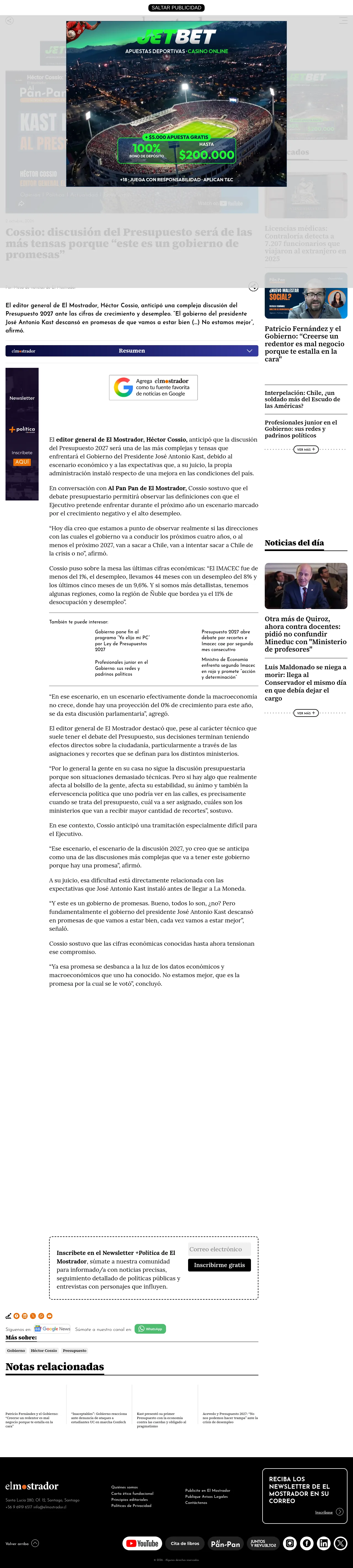 Cossio: discusión del Presupuesto será de las más tensas porque “este es un gobierno de promesas”