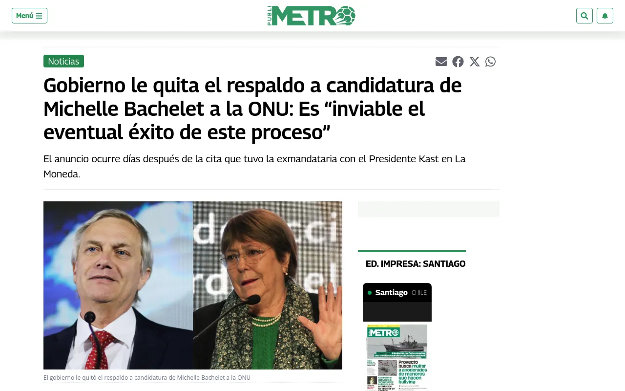 Gobierno le quita el respaldo a candidatura de Michelle Bachelet a la ONU: Es “inviable el eventual éxito de este proceso”