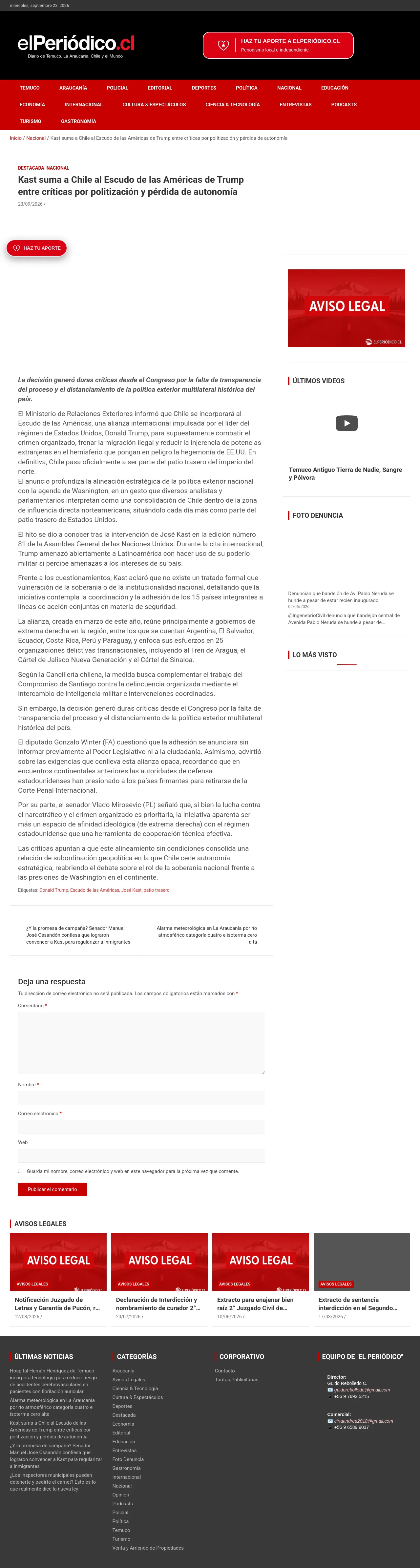 Kast suma a Chile al Escudo de las Américas de Trump entre críticas por politización y pérdida de autonomía