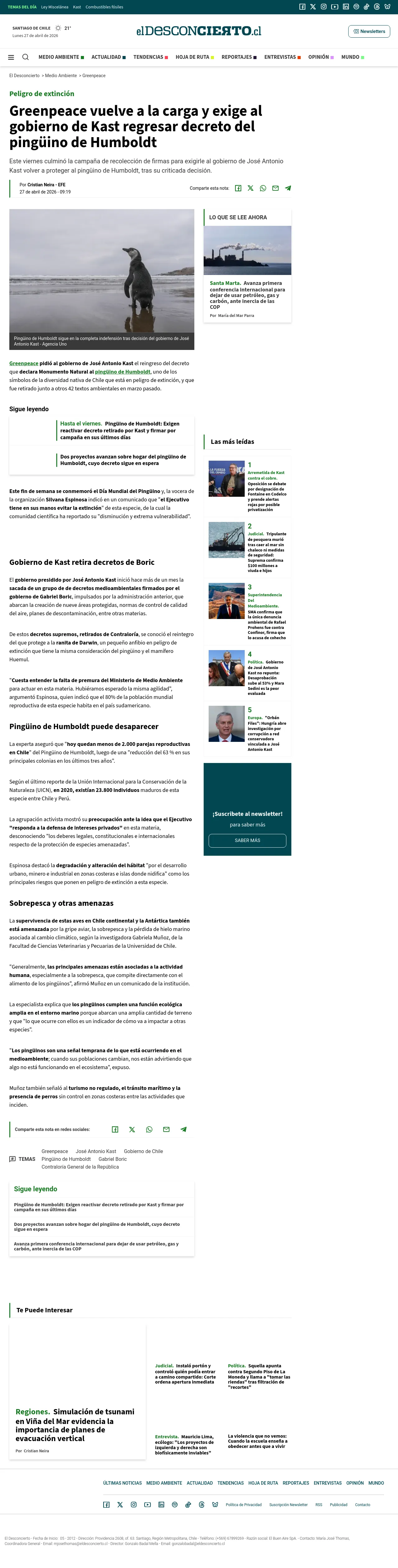Greenpeace vuelve a la carga y exige al gobierno de Kast regresar decreto del pingüino de Humboldt