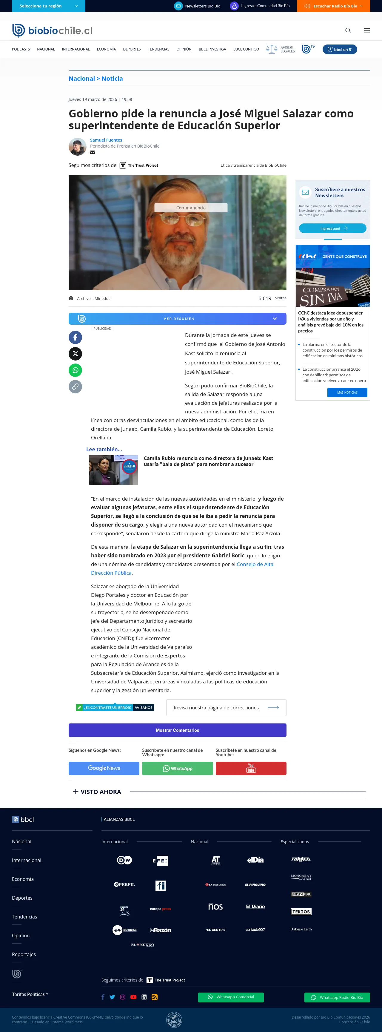 Gobierno pide la renuncia a José Miguel Salazar como superintendente de Educación Superior