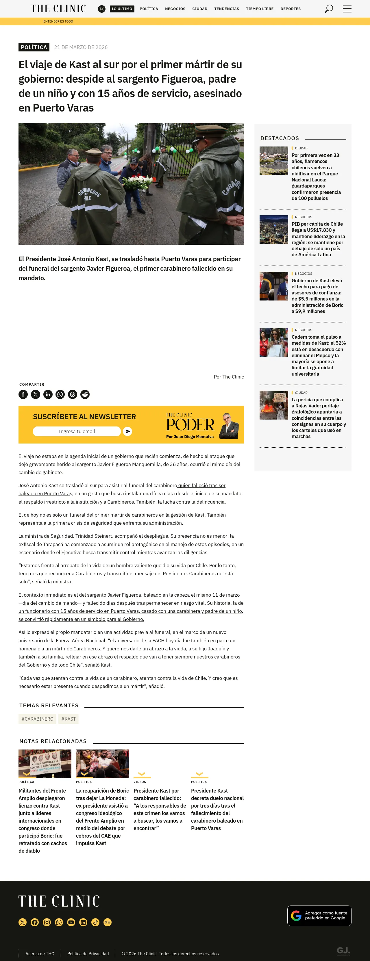 El viaje de Kast al sur por el primer mártir de su gobierno: despide al sargento Figueroa, padre de un niño y con 15 años de servicio, asesinado en Puerto Varas