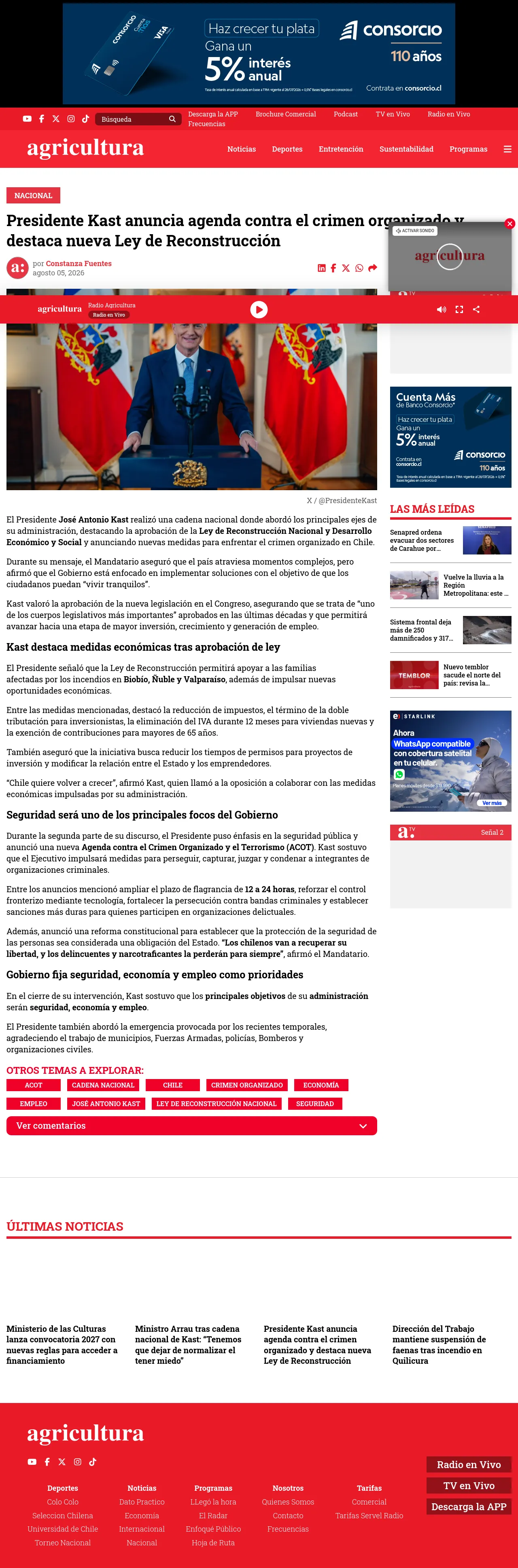 Presidente Kast anuncia agenda contra el crimen organizado y destaca nueva Ley de Reconstrucción
