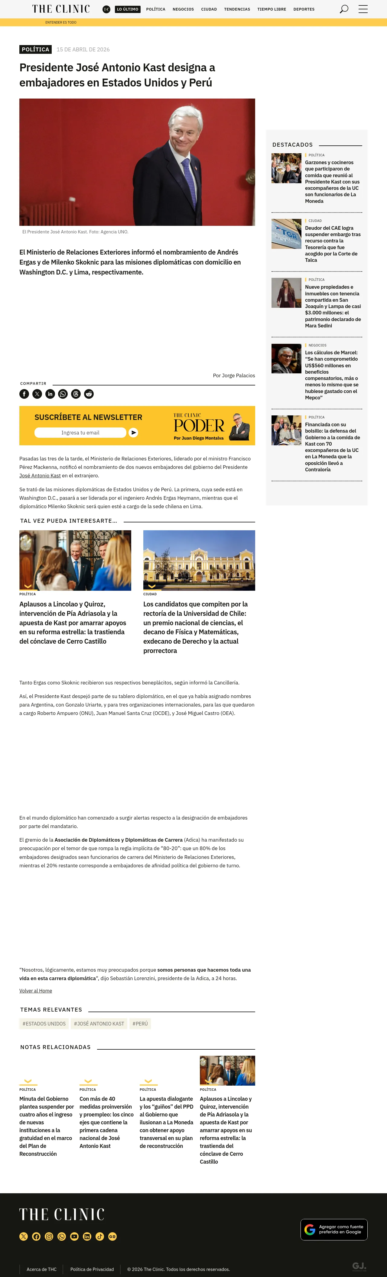 Presidente José Antonio Kast designa a embajadores en Estados Unidos y Perú
